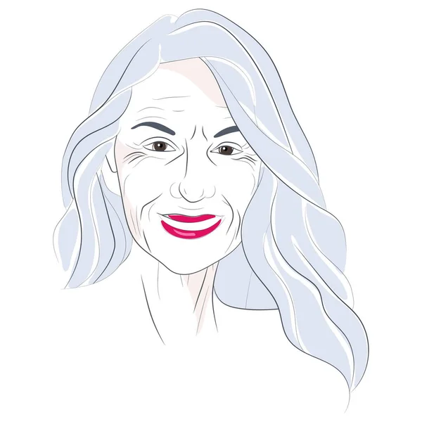Gülümseyen Çekici Yaşlı Bir Kadının Vektör Eliyle Çizilmiş Resmi Mevsimsel — Stok Vektör