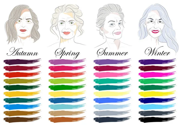 すべてのタイプの女性の外観のためのストックベクトル季節色分析パレット 春と秋のための最高の色を持つカラーガイド ベクトル手のセットが描かれた高齢女性 — ストックベクタ