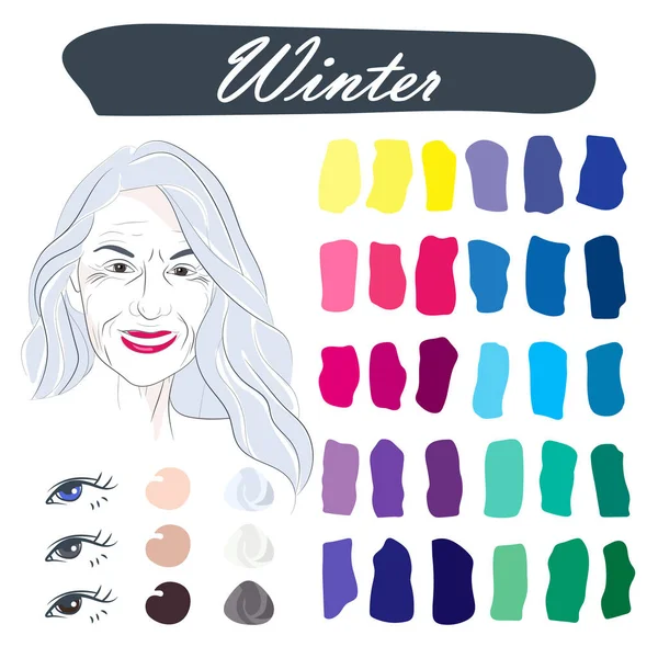 冬の外観のタイプのための最高の色を持つストックベクトル季節色分析パレット 白髪交じりの笑顔の魅力的な美熟女の顔 — ストックベクタ
