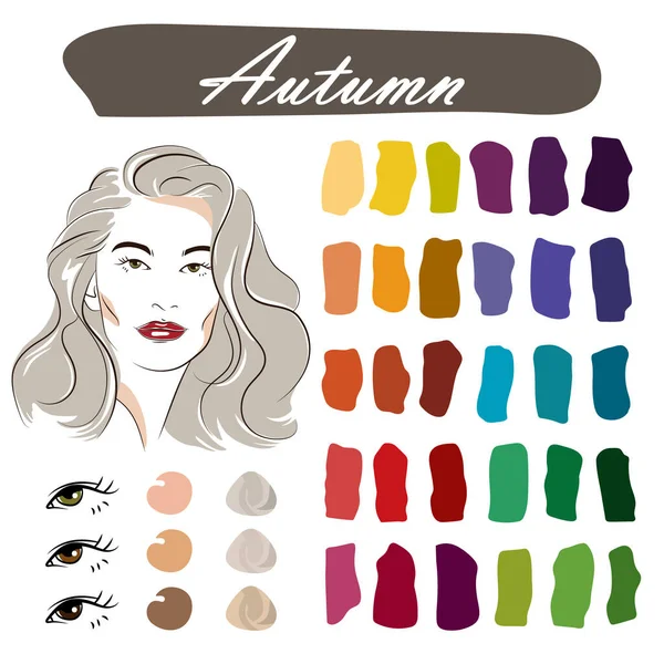 秋の外観のタイプのための最高の色を持つストックベクトル季節色分析パレット グレーの髪をした笑顔の魅力的な美しい若い女性の顔 — ストックベクタ
