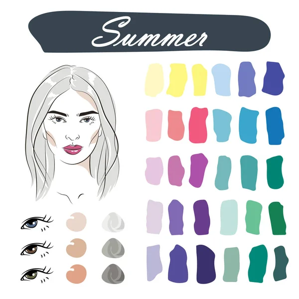 夏の外観のタイプのための最高の色を持つストックベクトル季節色分析パレット グレーの髪をした笑顔の魅力的な美しい若い女性の顔 — ストックベクタ