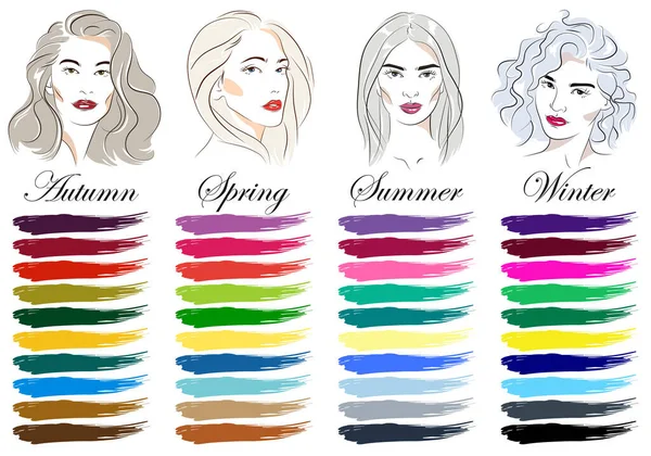 すべてのタイプの女性の外観のためのストックベクトル季節色分析パレット 春と秋のための最高の色を持つカラーガイド ベクトル手のセットは灰色の髪の若い女性を描きます — ストックベクタ
