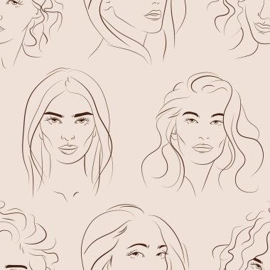 Genç kadınların yüzlerinin olduğu kusursuz bir şekil. İnsanlarla el çizimi arka plan