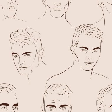 Genç adamların yüzlerinin olduğu kusursuz bir şekil. İnsanlarla el çizimi arka plan