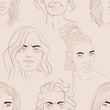 Genç siyah ve beyaz olgun kadınların yüzlerinin olduğu kusursuz bir şekil. İnsanlarla el çizimi arka plan