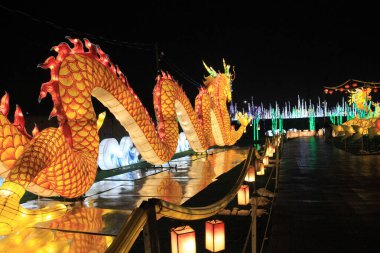 Parktaki dekorasyon için aydınlatılmış ejderha.