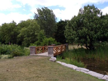 Ağaçlar ve köprüyle parkın yaz manzarası