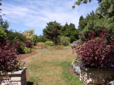 Yaz parkı manzarası Ağaçlar ve çiçek yataklarıyla