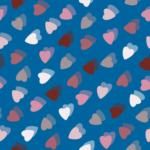 在蓝色的背景上 由重叠层叠效果的微小的心形轮廓构成的简洁多彩的心状无缝图案 对于情人节 母亲节 复活节 礼物包装纸 纺织品 — 图库照片