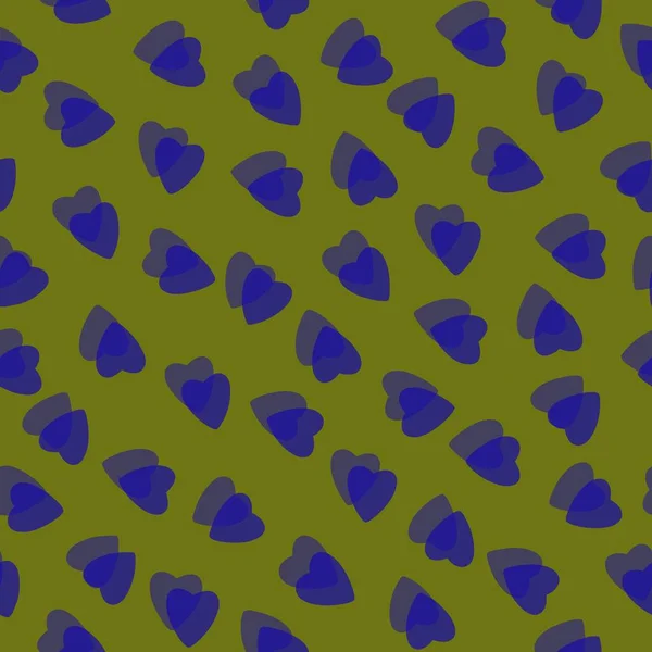 简单的蓝心无缝图案在橄榄背景上混乱不堪 由重叠层叠效果的微小心脏轮廓组成 对于情人节 母亲节 复活节 礼物包装纸 纺织品 — 图库照片