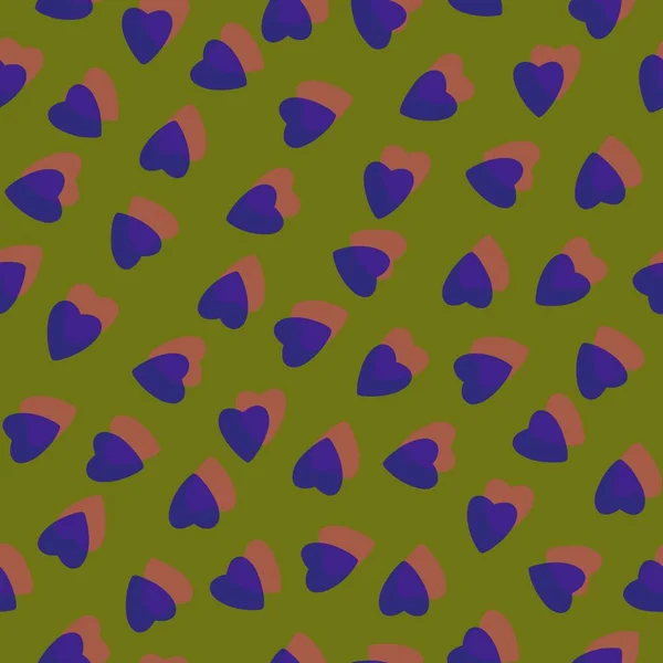 简单的紫色心形无缝图案杂乱地排列在橄榄背景上 由重叠层叠效果的微小心形轮廓构成 对于情人节 母亲节 复活节 礼物包装纸 纺织品 — 图库照片