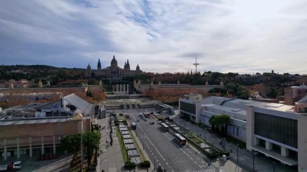 Letecký Pohled Avinguda Reina Maria Cristina Jeho Křižovatce Montjuic Palace — Stock video