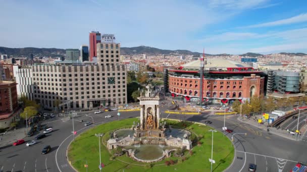 Aerial View City Traffic Plaza Espana Squares Egyike Barcelona Legfontosabb — Stock videók