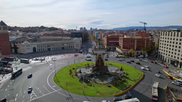 Eine Lange Luftaufnahme Des Stadtverkehrs Plaza Espana Der Plätze Ist — Stockvideo