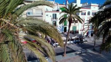 Sahilin ve otellerin Akdeniz manzarasında, Sitges Akdeniz 'de palmiye ağaçlarıyla çevrili güzel plajların manzarası. Palmiye ağaçları arasında uçan dron papağanları korkuttu. Barselona, İspanya. 4K