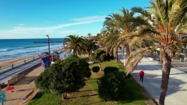 Sitges Akdeniz 'deki sahil ve otellerden oluşan palmiye ağaçlarıyla çevrili güzel plajların manzarası. Avuçların arasında uçan bir dron. İnsanlar set boyunca yürüyorlar. Yaz tatili kavramı. 4K