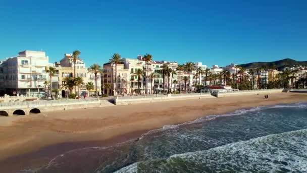 无人机沿着海滨飞回美丽的海滩 周围环绕着实兑棕榈树 地中海的海滩和酒店景观 柔和的海浪悄悄地滚到岸上 电影简介 4K视频 — 图库视频影像