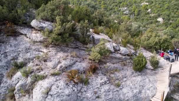 Panoramisch Uitzicht Vanuit Lucht Een Houten Trap Bij Een Rotswand — Stockvideo