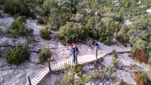 Vue Aérienne Panoramique Vertigineuse Impressionnante Escalier Bois Falaise Rocheuse Dans — Video