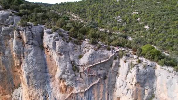 Panoramique Belle Vue Aérienne Vertigineuse Escalier Bois Falaise Rocheuse Dans — Video