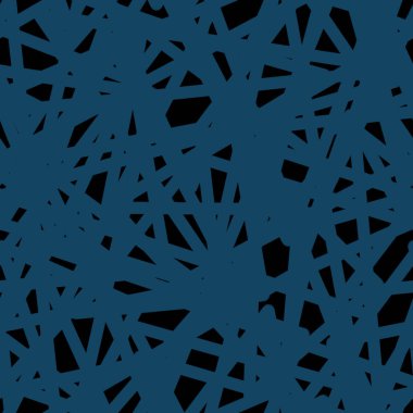 Çağdaş tasarım, mimari proje, tekstil, dijital sanat için zıt siyah arkaplan üzerinde çarpıcı mavi şekiller içeren geometrik desen, çarpıcı bir yapı dengesi sunuyor, yaratıcılık