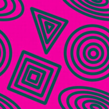 Modern tasarım, sanat, ev tasarımı, arka plan, moda tekstil dijital baskısı, benzersiz markalaşma için canlı pembe arka planda kalın daireler, kareler ve üçgenler içeren canlı geometrik desen.