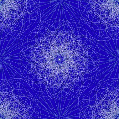 Derin mavi arka planda narin beyaz çizgileri olan karmaşık mandala deseni, meditasyon malzemesi, ruhani tasarım, baskı, zarif dekor, sanatsal markalaşma projesi için büyüleyici simetri yaratıyor.