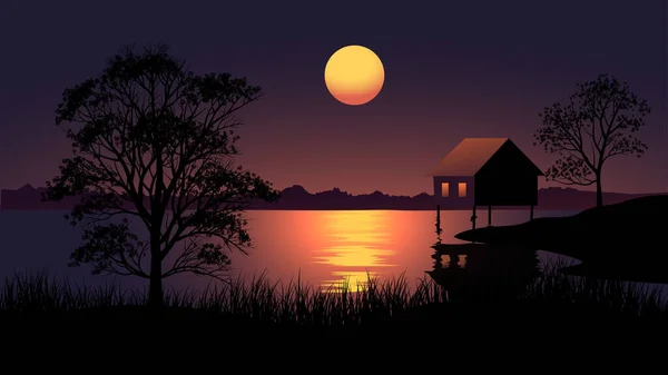 Hermosa Ilustración Paisaje Nocturno Con Cabaña Lago Luna Llena — Archivo Imágenes Vectoriales
