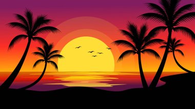 Palmiyeler, palmiye ağaçları ve plajda gün batımı olan tropik yaz manzarası, tatil geçmişi. tatil, seyahat ve