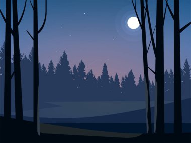 Ay, dağlar ve ormanla gece sahnesi, vektör illüstrasyonu