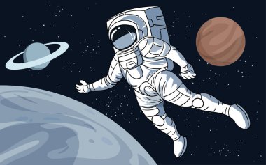 Uzay astronotu ve uydulu galaksi arkaplanının çizimi