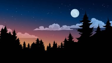 Dolunay, bulutlar, yıldızlar, ağaçlar ve çiçeklerle dolu geceleri çayır manzarası.