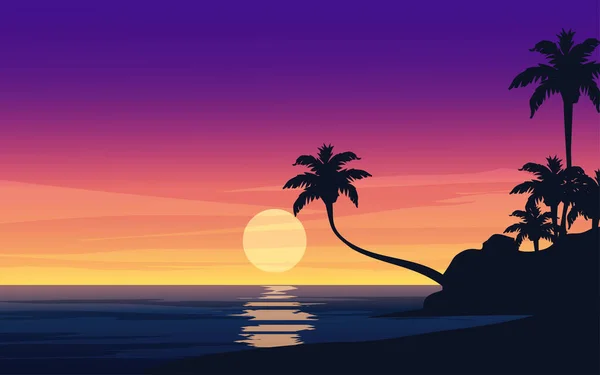 日落海滩上的棕榈树剪影 — 图库矢量图片