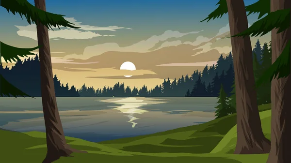 Lac Paysage Vecteur Coucher Soleil Avec Forêt Pins — Image vectorielle