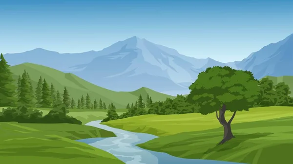 Διάνυσμα Ορεινό Και Πευκοδάσος Φύση Τοπίο Ποτάμι — Διανυσματικό Αρχείο