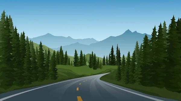 Пустая Дорога Через Сосновый Лес Горы — стоковый вектор