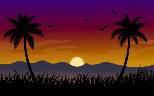 Vektor Illustration Einer Tropischen Sonnenuntergangslandschaft Einem Wald Vor Dem Hintergrund — Stockvektor