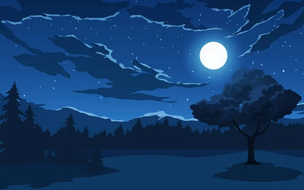 森のある夜の山の風景ベクトルイラスト — ストックベクタ
