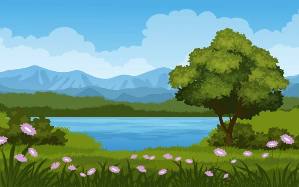 Пейзаж Лугу Квітами Озером — стоковий вектор