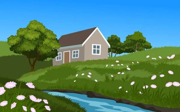 Huis Het Platteland Met Groen Gras Vector Illustratie — Stockvector