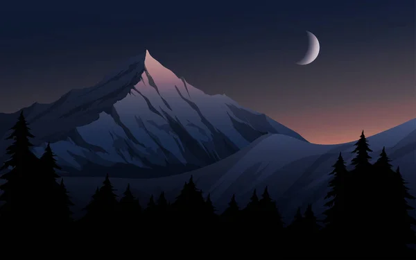 Landschaft Mit Mond Sternen Bergen Tannen Wolken — Stockvektor