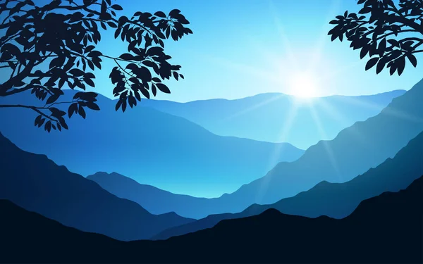 Nascer Sol Montanhas Nebulosas Paisagem Vetorial Com Árvores Silhueta — Vetor de Stock