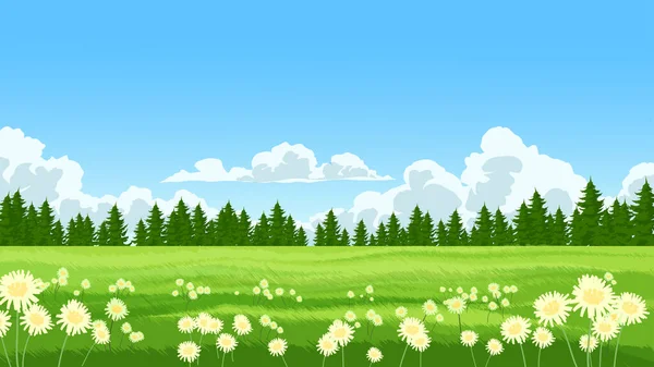 Prachtig Landschap Met Groene Weide Met Een Blauwe Lucht Witte — Stockvector
