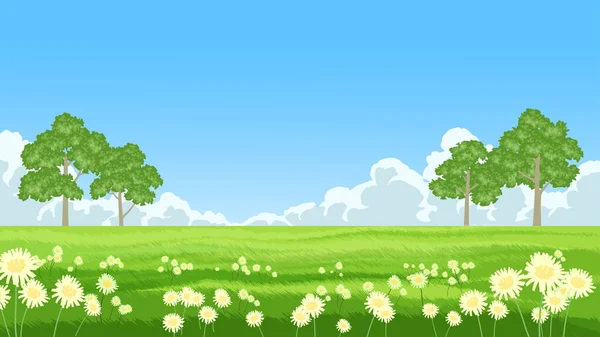 Beautiful Landscape Park Summer Background White Flowers Clouds Vector Illustration — Stock Vector
