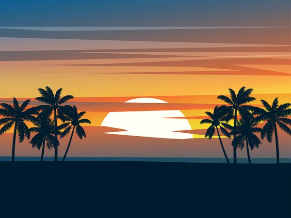 Vue Plage Coucher Soleil Avec Ciel Rouge Palmiers Silhouette — Image vectorielle