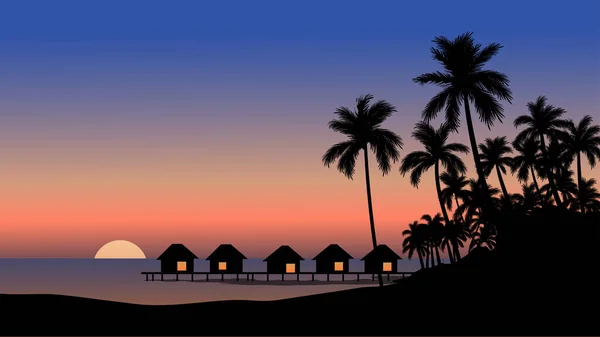 热带日落 沙滩上有平房和棕榈树 — 图库矢量图片