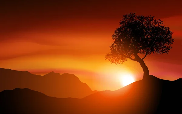 オレンジの夕日ベクトルの風景木のシルエットと霧の山 — ストックベクタ