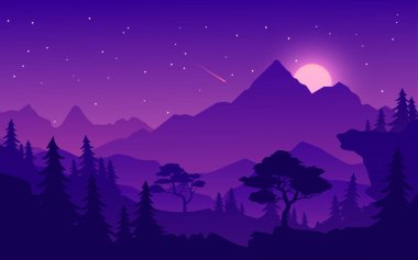Gece kozalaklı ormanda dağ, yükselen ay ve yıldızlarla