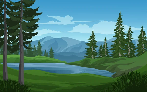 Krajobraz Przyrody Górami Drzewa Nad Rzeką — Wektor stockowy