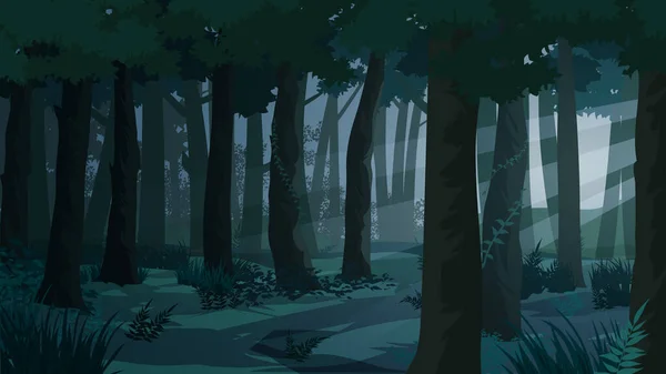 有太阳光的黑暗森林自然背景 — 图库矢量图片